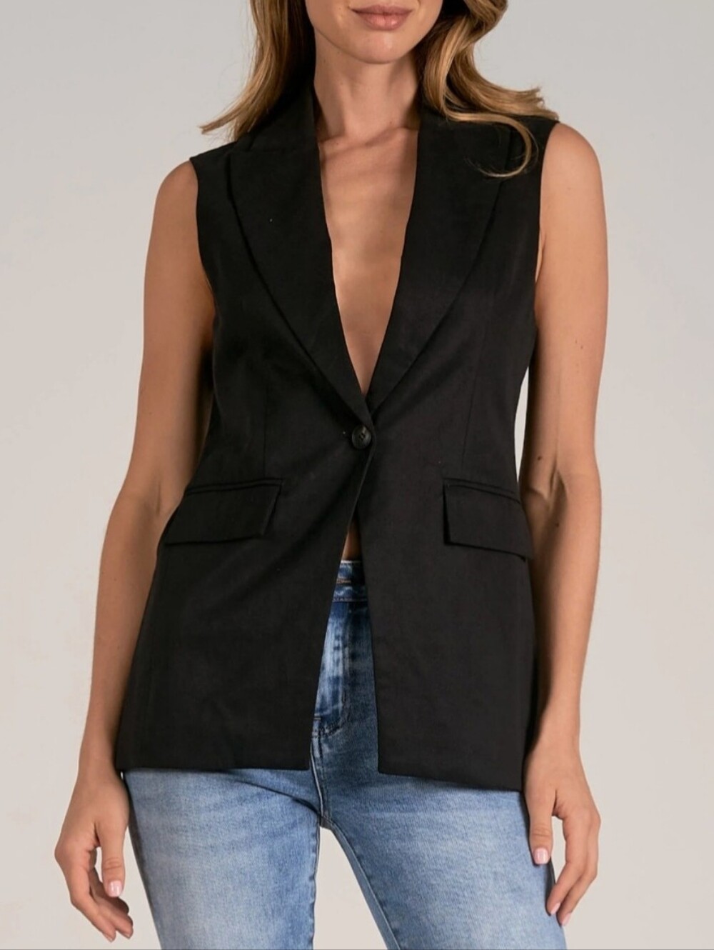 Elan Black Sleeveless Blazer Vest with Notched Lapel